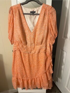 Express Orange Printed V-Neck Ruffle Mini Dress